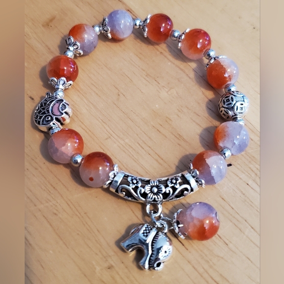 Genuine Stone Beaded Silvertone Elephant Charm Bracelet - Picture 4 of 6